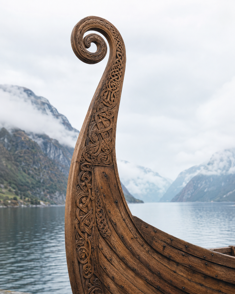 Geschnitzter Bug eines Wikingerschiffs vor einem norwegischen Fjord
