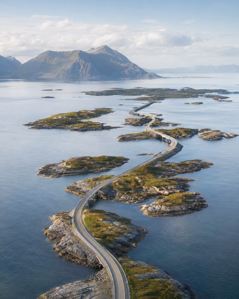 Norwegische Küstenstraße über Brücken und kleine Inseln